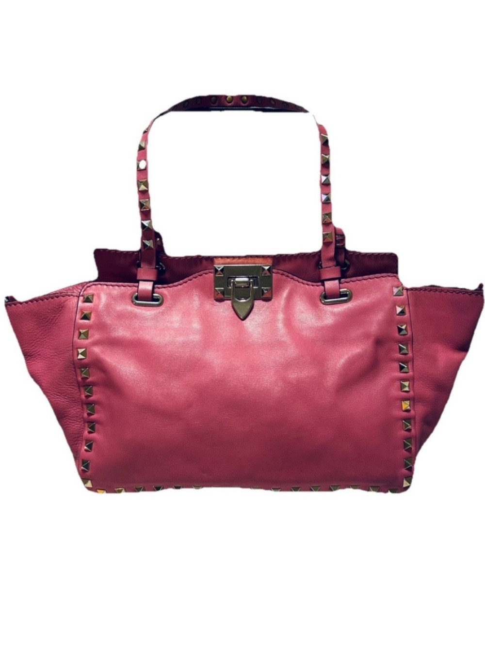 Valentino Garavani Pink Rockstud Small Tote Leather Shoulder Bag Gold Studs